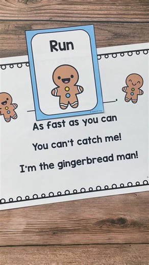 Owls At Play - Preschool Activities and Lessons on Instagram: "Run, run as fast as you can… straight into some gingerbread-themed movement fun! 🍪✨ These action cards get preschoolers moving and giggling as they run, skip, hop, tiptoe and more, as they recite the classic rhyme: “Run, run as fast as you can. You can’t catch me, I’m the gingerbread man!” Perfect for holiday gross motor play, circle time, or a quick wiggle break! ➡️ Find it in our Gingerbread Thematic Unit for Preschool and PreK. �