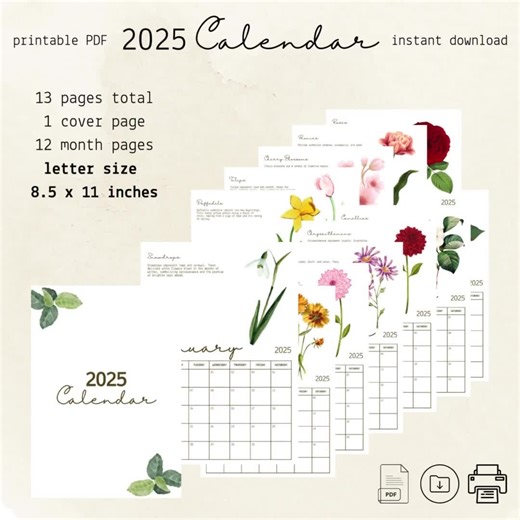 2025 Calendar Printable, Calendar 2025, 2025 Calendar, Printable Calendar2025, Monthly Calendar Printable, Instant Calendar Download, Floral - Etsy Australia