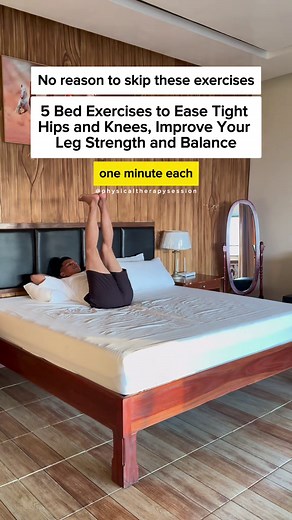 No reason to skip these exercises. 5 simple bed exercises. One minute each. That’s all it takes to ease tight hips and knees, activate your stabilizers, and wake up the muscles that protect your joints. When you move your hips and knees through gentle range first thing, you improve synovial fluid circulation, reduce stiffness, and switch on key muscles for better leg strength and balance throughout the day. Start in bed. Stay consistent. Feel the difference. #health #aging