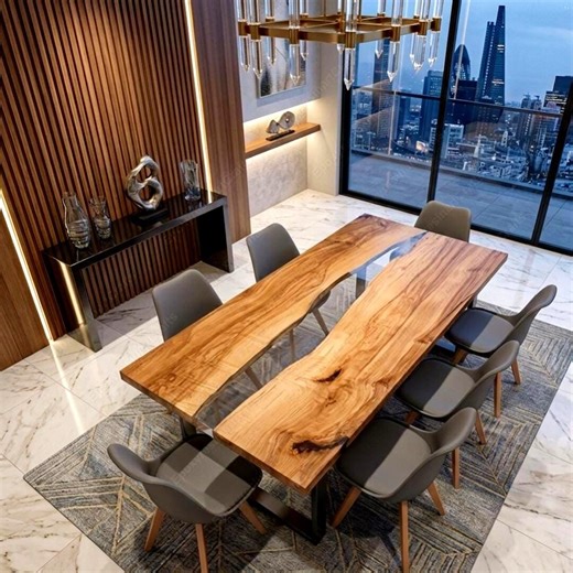 Walnut Epoxy River Dining Table – Transparent Resin Live Edge Wood Table – Rectangle Handmade Luxury Furniture – Custom Natural Wood Table