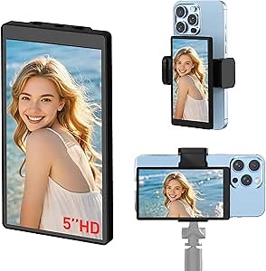 5'' Phone Vlog Selfie Monitor Screen, Selfie Screen Low Latency Wireless Recording w/Magnetic Phone Mount/Remote Control, Adjustable Brightness Rear Camera for Vlog Live Stream iPhone