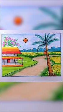 Beautiful Village Scenery Drawing with Pencil Colors | Easy Rural Landscape Drawing Step by Step