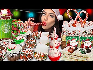 ASMR *CHRISTMAS CANDY CANE* CHOCOLATE SANTA, STARBUCKS CAKE POP, M&M, PEPPERMINT DIPPED COOKIES 먹방