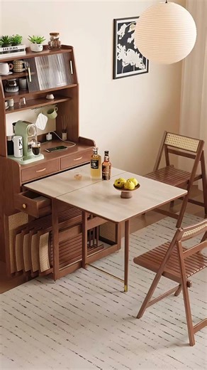 Walnut Double Drop Leaf Dining Table with Sideboard Cabinet & 4 Folding Chairs