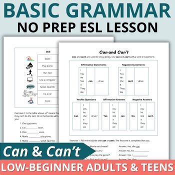 Low Beginner ESL Grammar Lesson Grammar Worksheets for Adult ESL - Can & Can't