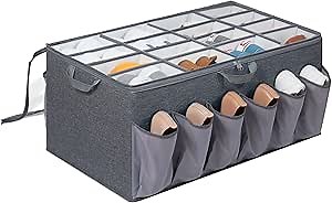 Shoe Organizer for Closet, Shoe Storage Solution with Clear Cover & Adjustable Dividers, Fabric Shoe Box Fits 16 +12 Pairs Shoes, Grey, 1-Pack