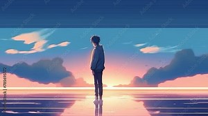 Animation guy on the street. lo-fi music background. Anime style. Man on the street with beautiful scenery. Person on the beach