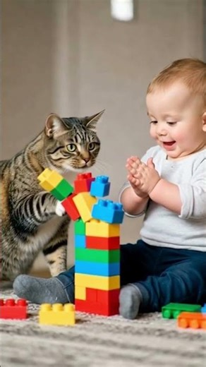 baby stacking blocks while cat nudges them playfully