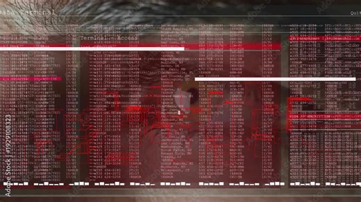 Adult male viewing tech HUD overlay rising over eye, text cols scrolling scanbar sweeping for audit