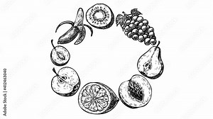 Animated circle frame from hand drawn fresh fruits with copy space. Organic food set from banana, apple, pear, plum, lemon, kiwi, peach. Vector illustration on the white background.
