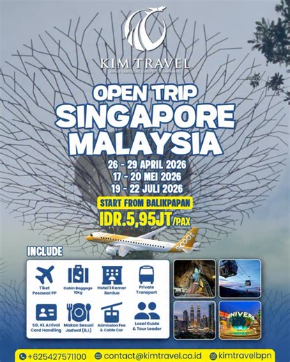 KIM Tour & Travel Balikpapan on Instagram: "COMMENT “MAU” UNTUK DETAILS 👇🏻 PROMO START FROM 5.950K‼️ KEMANA😱 YAPP SINGAPORE MALAYSIA 🇸🇬🇲🇾 YANG KEHABISAN DI JANUARI DAN FEBRUARI MANA NIH👋🏻 PERIODE : 📍26-29 APRIL 2026 📍 ⁠17-20 MEI 2026 📍 ⁠19-22 JULI 2026 🛫 START FROM BALIKPAPAN (KHUSUS 10 PENDAFTAR PERTAMA FULLPAYMENT!!!) INCLUDES: ✅ TICKET PESAWAT PP ✈️ ✅ KABIN 10KG (SCOOT) & 7KG (AIRASIA) 🎒 ✅ HOTEL 3 MALAM (1 KAMAR BERDUA) 🏨 ✅ PRIVATE TRANSPORT SELAMA TOUR 🚌 ✅ MEALS SESUAI JADWAL