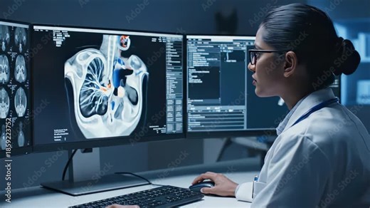 Female Doctor or Scientist Analyzing Medical MRI Scans on Multiple Computer Monitors