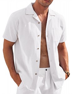 COOFANDY Mens Short Sleeve Button Down Shirts Linen Beach Shirt Holiday Resort Wear