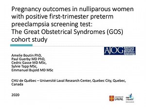 AJOG Presents: Pregnancy outcomes in nulliparous women with positive first-trimester preterm preeclampsia screening test: the Great Obstetrical Syndromes cohort study http://ow.ly/kVfi50Dn4KV #preeclampsia #ultrasound International Society of Ultrasound in Obstetrics and Gynecology (ISUOG)American College of Obstetricians and Gynecologists - ACOGSociety for Maternal-Fetal Medicine (SMFM) Members Page | American Journal of Obstetrics & Gynecology