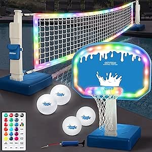 2-in-1 LED Pool Volleyball & Basketball Game Set, Light Up Pool Sport Combo Set with 14in LED Rim/4 LED Pool Balls/2 Base/Pump, Inground Swimming Pool Toy Game for Adults & Family
