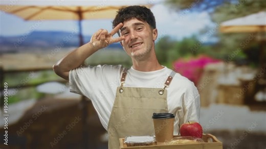 Man wearing apron holding wooden tray with coffee cup, pastry and apple on restaurant terrace, hand showing peace sign to eye; friendly service.