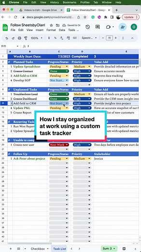 How I stay organized at work using a custom task tracker in Google Sheets! Rep0sting the original tutorial while I’m traveling this weekend since the original tutorial can’t be m0netized! #tasktracker #organized #customtracker #work #forgetful #worksmarternotharder #googlesheetstutorial #googlesheetstips #learngooglesheets #googlesheets #gsheets #data #excel #spreadsheet #LearnOnTikTok Formulas/features used: #sequence #dropdown #conditionalformatting #counta #datavalidation #calendarpopout #cou