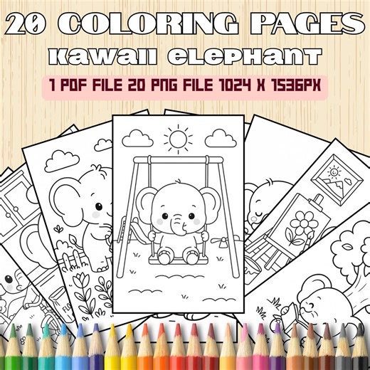 Kawaii Elephant Coloring Pages | 20 Cute Elephant Coloring Sheets for Kids | Baby Elephant Printable | PDF + PNG Digital Download - Etsy