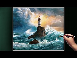Painting Lighthouse & Stormy waves with Acrylics | Tutorial for Beginners