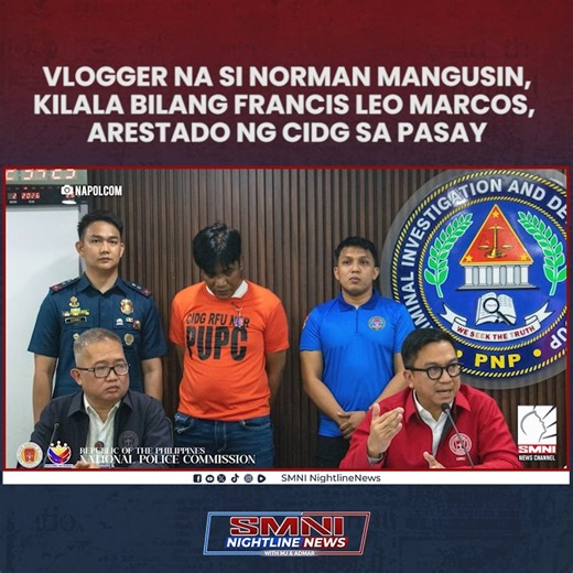 ARESTADO Arestado ang vlogger na si Norman Mangusin, mas kilala bilang Francis Leo Marcos, matapos isilbi ng Criminal Investigation and Detection Group o CIDG ang warrant of arrest laban sa kanya sa isang hotel sa Pasay City. | via Pol Montibon. Panoorin dito ang buong detalye:👇👇👇 https://www.youtube.com/@NightlineNewsUpdate?sub_confirmation=1 | Nightline News