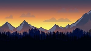 Animated cartoon background. Looped animation of mountain landscape with pine trees. Flat footage with parallax effect. side view