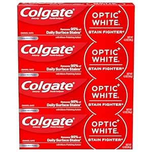 Colgate Optic White Stain Fighter Teeth Whitening Toothpaste, Anticavity Fluoride Toothpaste for Whitening Teeth, Helps Remove Daily Surface Stains, Clean Mint Paste, 4 Pack, 4.2 oz