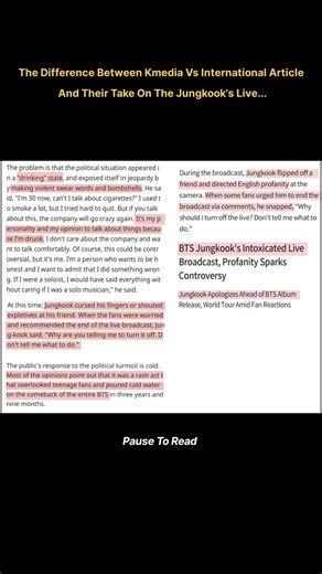 The difference between kmedia vs international article and their take on the live..😑😭💜 #jungkook #jk