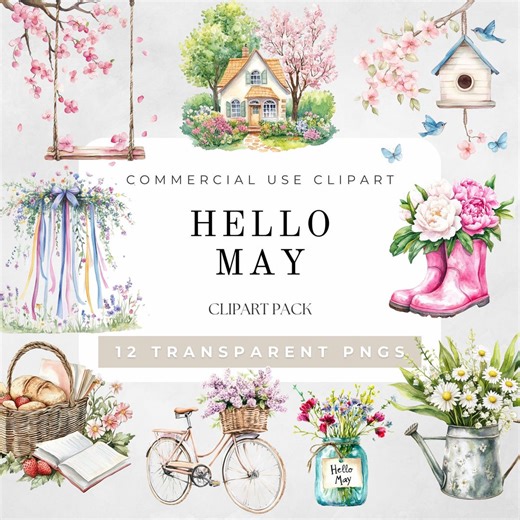 Hello May Clipart L Spring Clipart L Floral Clipart L Cottagecore Garden Clipart L Spring Flowers L Rustic Spring Aesthetic Digital Download - Etsy