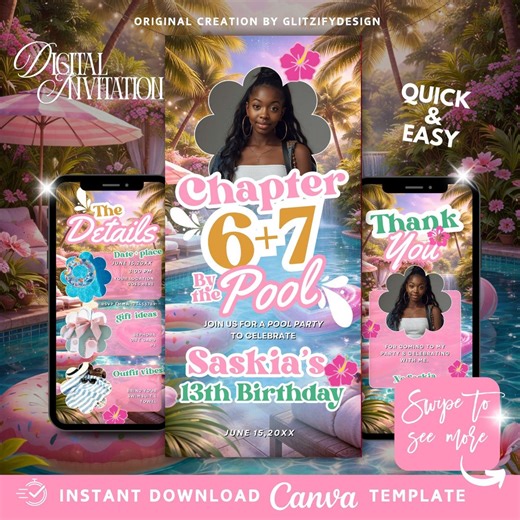 13th Birthday Pool Party Invitation,chapter 6 7 Birthday Invite,officially Teenager Tropical Summer Bash,summer Teen Birthday Evite,editable - Etsy