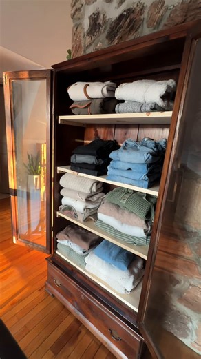 Old gun cabinet turned into to clothing armoire! We were going to sell this, but I’m glad we decided to find it a new purpose in our home 🤍 #furnitureflip #furniture #armoire #diy #furnituremakeover