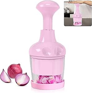 Vegetable Chopper, Food Chopper Manual Hand, Veggie Chop Garlic Onion Salad Chop with Container and Lid, Nut Chopper Vegetable Cutter for Onion, Fruit, Salad, Easy to Use, Dishwasher Safe - Pink