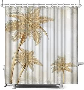 Coastal Beach Palm Tree Shower Curtain 72"x72" with Hooks Gold and Grey Shower Curtain Ocean Theme Bathroom Decor