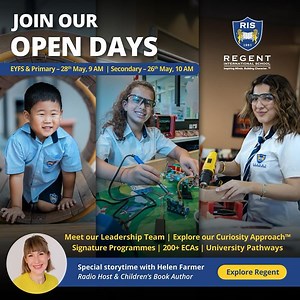 Experience Regent at Our Upcoming Open Days! EYFS & Primary – Wednesday, 28 May at 9:00 AM - Tour our vibrant learning spaces, meet our team, fast-track admissions — and enjoy a special storytime with @_helenfarmer_ , radio host & children’s book author. Secondary – Monday, 27 May at 10:00 AM- Meet our educators and learn about our Pearson Edexcel IGCSE high achiever success, A-Level pathways, 200 ECAs, Signature Programmes & more. Apply. Tour. Offer – All in One Day. Register here: https://enqu