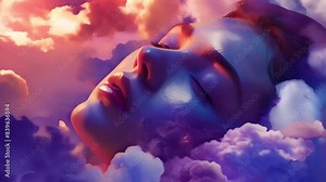 A surreal and dreamlike animation of a woman peacefully sleeping amongst fluffy clouds. The vibrant colors and soft lighting create a calming and ethereal atmosphere