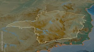 Minas Gerais, state with its capital, zoomed and extruded on the relief map of Brazil in the conformal Stereographic projection. Animation 3D
