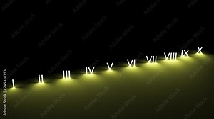 Roman numerals 1 to 10, from I to X. Glowing, neon Roman signs, numbers. Roman numerals,animation,3D render.