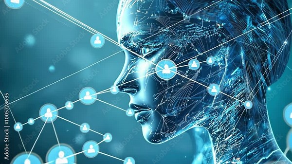 Futuristic ai concept art with digital facial interface and data visualization