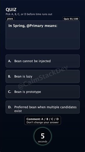 Quiz - 091 | In Spring, @Primary means: | #shorts #java #quiz
