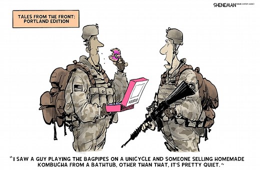 Editorial cartoons for Oct. 12, 2025: Military in cities, government shutdown continued