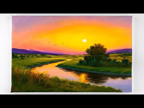 How To Paint Sunset | EASY Acrylic Sunset Landscape Painting Tutorial