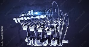 360 Degree Camera Animation Of A Powerful V8 Engine In Motion. Industry Related High Quality 3D 4K Animation.