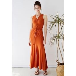 V-Neck Drawstring Ruched Sleeveless Dress in Orange