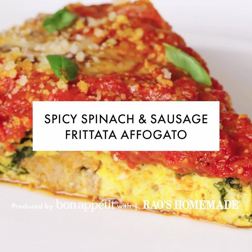 This spinach and sausage frittata is a savory solution to all-day eats, using Rao’s Homemade Arrabbiata sauce. | Bon Appétit Magazine