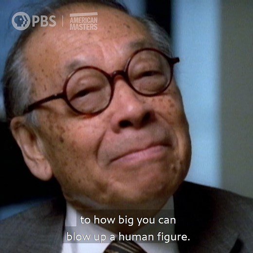 Famed architect I. M. Pei on how lifelike sculptures can be "too big." [VID: Interview with I. M. Pei. Transcript: As our buildings get bigger and bigger, and that's been the trend ever since the beginning of the 20th century, sculpture has to scale to size. For me, there's a limit to how big you can make a human figure. I remember having seen "David" in Florence, and I was not happy with it. I thought it was too big, 'cause it's a human figure, and there's a limit to how big you can blow up a h