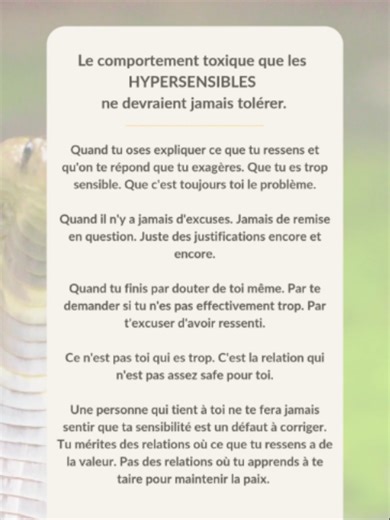 On t'a peut être appris que ressentir autant, c'était un problème. Alors tu t'es mis(e) à t'excuser. À te taire. À réduire ce que tu ressens pour ne pas déranger, pour ne pas faire trop. Mais ce n'est pas toi qui es trop. Ce sont certaines relations qui ne sont pas assez sûres pour accueillir qui tu es vraiment. Une personne qui te respecte ne te fera jamais douter de ta propre réalité. Tu as le droit d'exiger mieux et de le croire. Le lien est dans ma bio. #hypersensibilite #hypersensible #hype