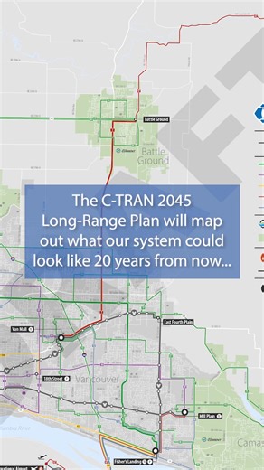 14 reactions · 7 comments | We need your feedback on our C-TRAN 2045 Long-Range Plan! We’re envisioning what our system could look like 20 years from now, and an important part of the process includes input from our community on what you think our service priorities should be. Using feedback we’ve gathered so far, we’ve put together a draft network vision map. Make your voice heard and tell us what you think at www.c-tran.com/2045openhouse. | C-TRAN | Facebook