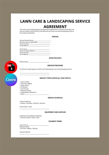 Lawn Care Service Agreement Template | Landscaping Contract (canva PDF Download) - Etsy
