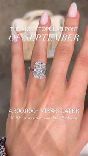 CREATED RINGS on Instagram: "Over 4,300,000 eyes on this *insane* 10.02 carat cushion 🤯 No surprise it become our top post of September. Cushion are by far one of our most requested cuts and this one stole the show last month with E-color, VVS2 clarity + an impressive spread (15.91x10.99!) priced at $10,475 •••••••••••••••••• #CreatedCushion 𝘊𝘌𝘕𝘛𝘌𝘙 𝘚𝘛𝘖𝘕𝘌: • 10.02 carat Cushion Modified Brilliant • 15.91x10.99mm (1.45 ratio) • E-Color • VVS2 Clarity • EX Polish/Symmetry • IGI certifie