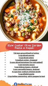 4.6K views · 16 reactions | Slow Cooker Olive Garden Pasta e Fagioli Bring restaurant-style comfort straight to your kitchen — rich beans, tender pasta, and a broth that hugs your soul. Perfect for cozy nights or meal prep days! | Mastered Recipes | Facebook