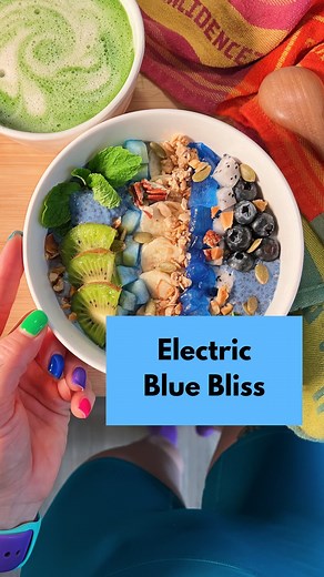 Sometimes we yogurt bowl. ✨🥗😌💙 A homemade tofu yogurt is still technically a smoothie! 😃💫🧋 This GORGEOUS blue hue’d beauty was so fun to prepare and put together! 😍💙🩵 ⚡️🪼**Electric Blue Bliss**🪼⚡️ BASE 🌊 silken tofu 🌊 banana 🌊 vanilla extract 🌊 lemon juice 🌊 blue spirulina 🌊 (optional) probiotic powder TOPPINGS 🫐 banana 🫐 guava colored with blue spirulina 🫐 aloe vera colored with blue spirulina 🫐 white dragon fruit 🫐 blue chia pudding (💙 recipe ⬇️ ) 🫐 kiwi 🫐 granola 🫐 b